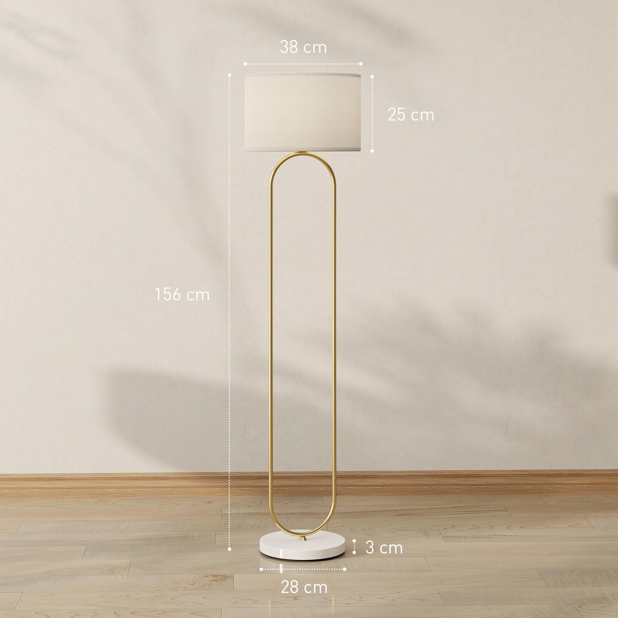 HOMCOM Lampada da Terra Moderna con Doppio Tubo Metallico Base Grande Oro | Lampada a Piantana, Paralume in Tessuto, Interruttore a Pedale, Base di Appoggio, per Salotto e Camera da Letto