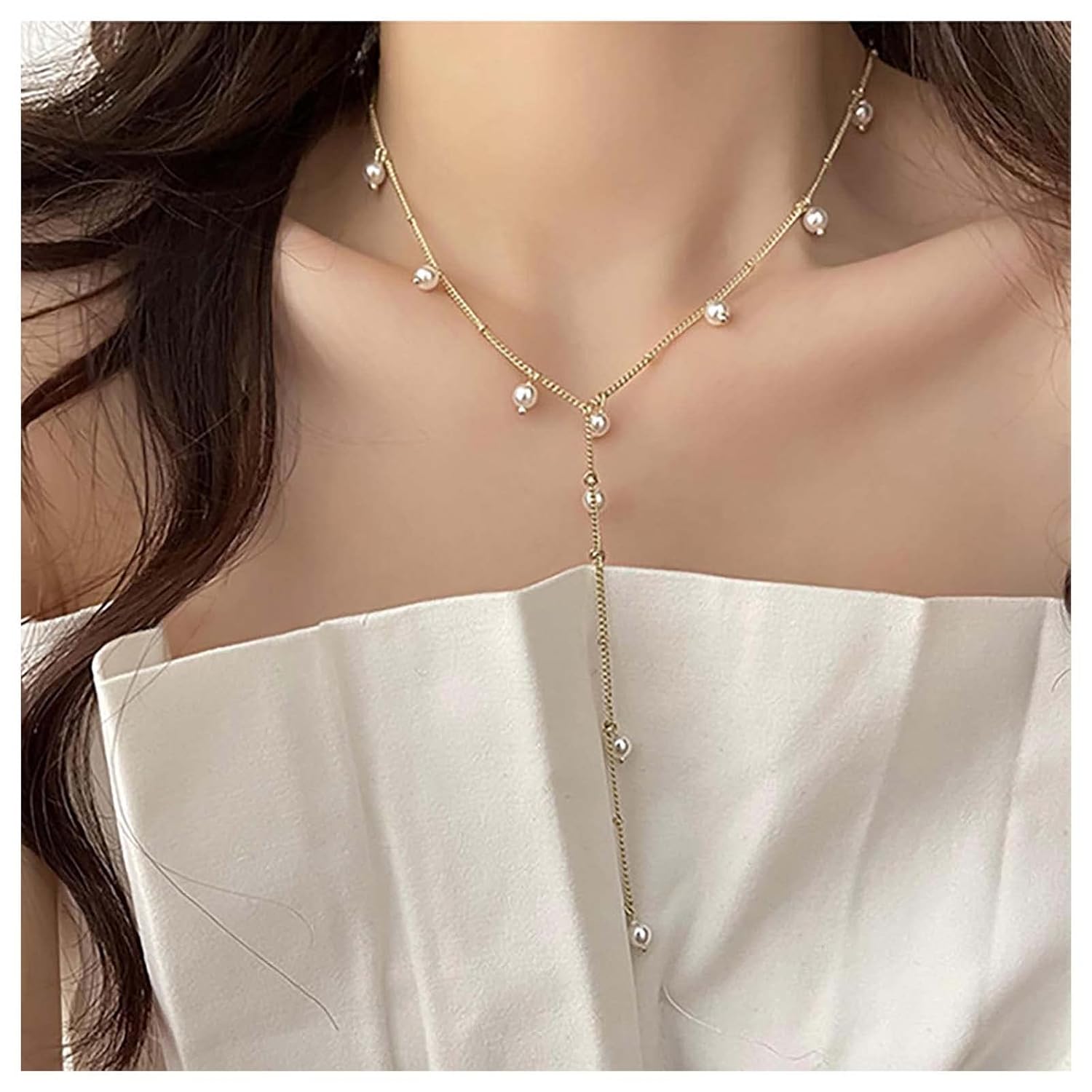 Andelaisi Boho Tassel Pearl Pendant Necklace Vintage Y Lariat Pearl Necklace White Pearl Tassel Choker Necklace Long Tassel Chain Y Drop Necklace Jewelry for Women - Image 3