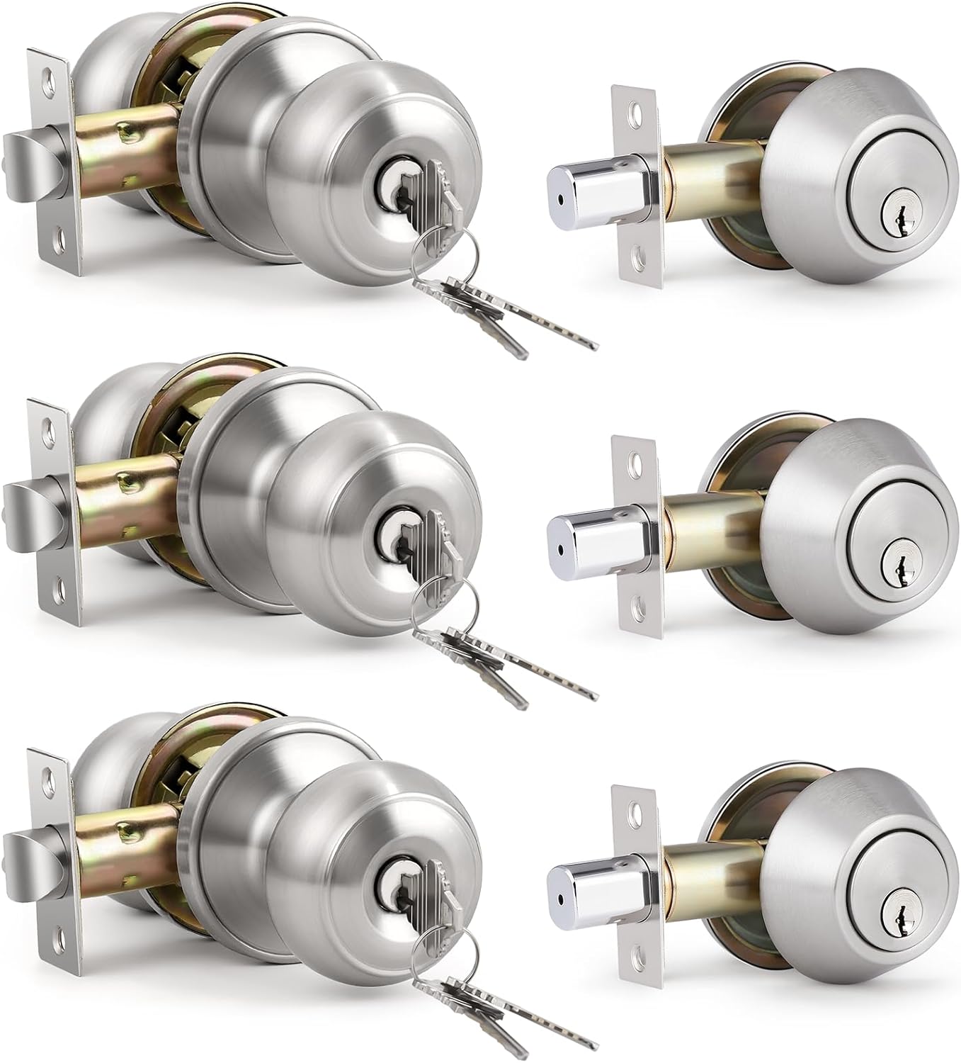 KNOBWELL Keyed Entry Door Knob and Single Cylinder Deadbolt Combo Set, Exterior Door Knobs for Entrance and Front Door, Keyed Alike Knob and Deadbolt, Satin Nickel, 3 Pack