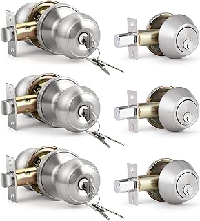 KNOBWELL Keyed Entry Door Knob and Single Cylinder Deadbolt Combo Set, Exterior Door Knobs for Entrance and Front Door, Keyed Alike Knob and Deadbolt, Satin Nickel, 3 Pack