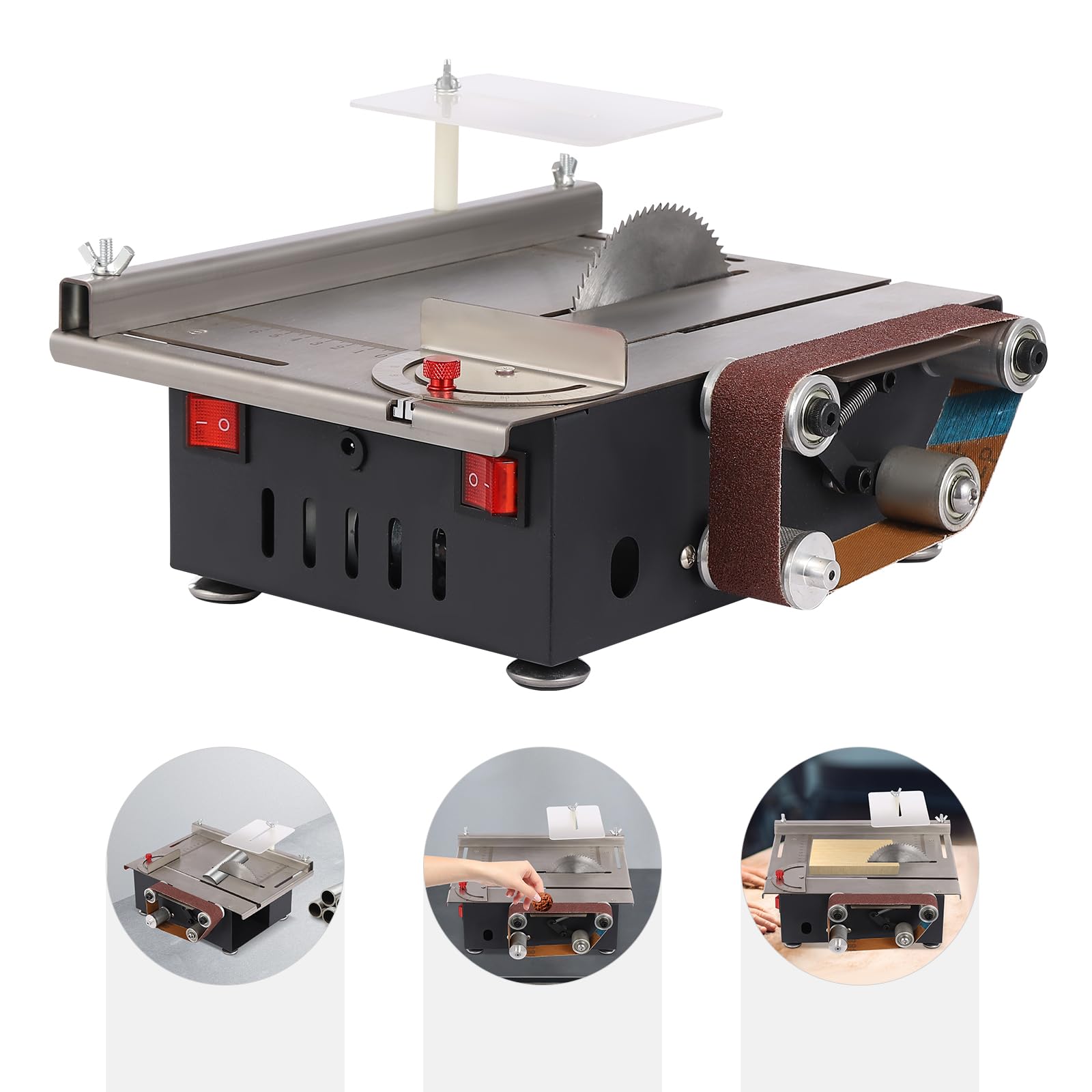 Mini sierra circular de mesa, máquina de cortar con banda de lijado y motor de 200 W para corte de madera, metal y aplicaciones de bricolaje, 33 mm