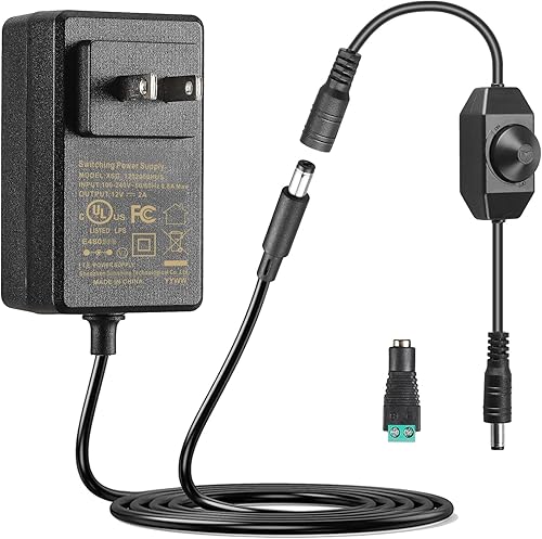 Adaptador de fuente de alimentación de 12 V 2 A CC listado UL con interruptor de atenuación LED, 24W 100-240V ACDC 12 voltios adaptador de 2