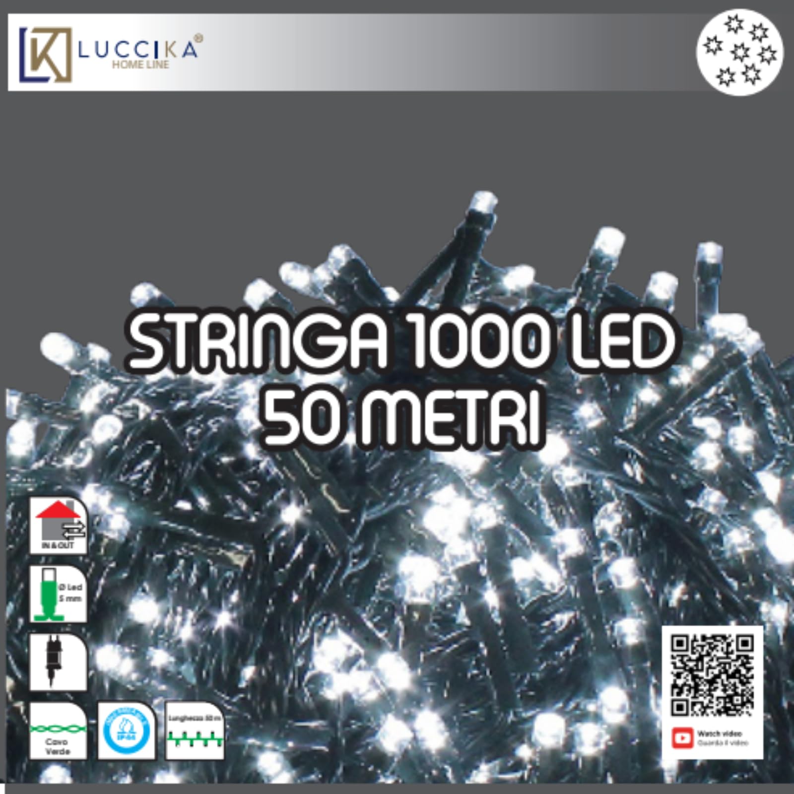 Luccika Catena Luminosa LED Tutti Flash, Cavo Verde 4m, IP44 Interno/Esterno, 31V con Timer, Luci Decorative Natalizie per Giardino e Feste (Bianco Ghiaccio, 50M 1000LED)