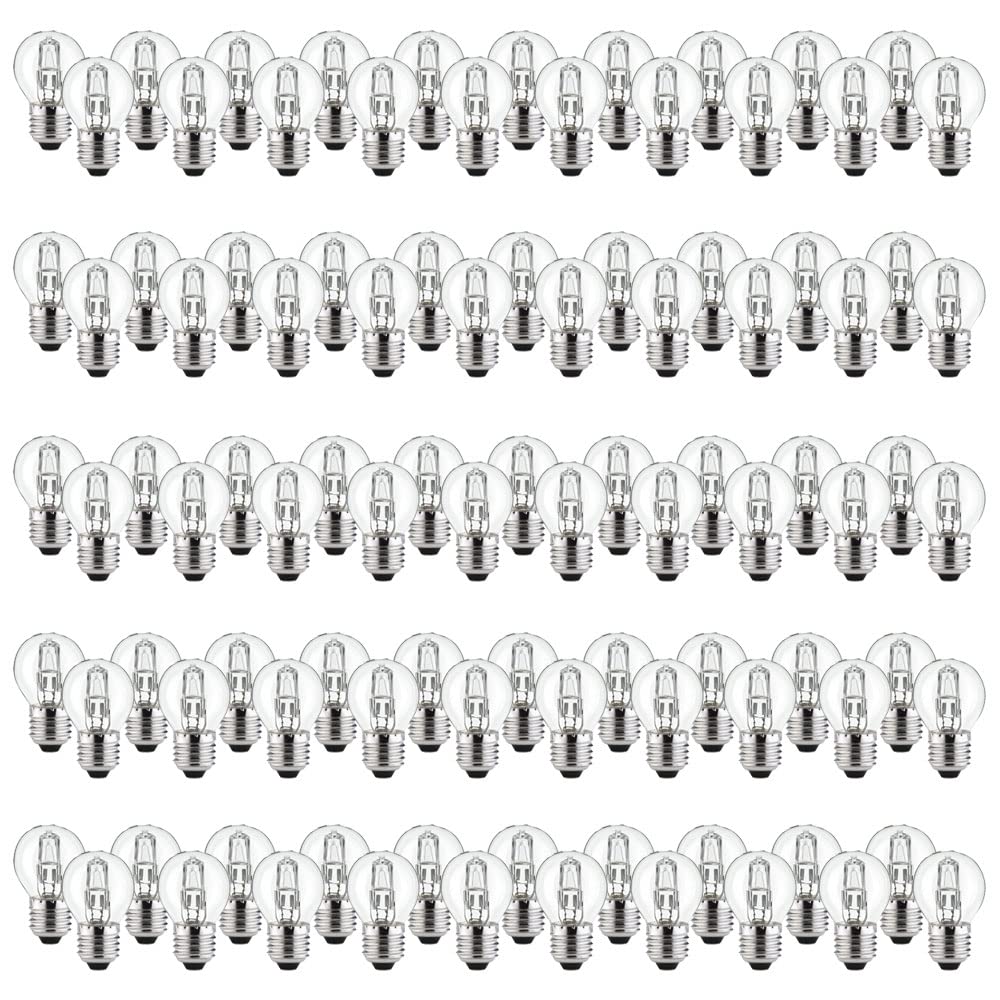 NCC-Licht Lot de 100 ampoules halogènes Eco - En forme de goutte - 42 W - Presque 60 W - E27 - Transparentes - Blanc chaud - Intensité variable