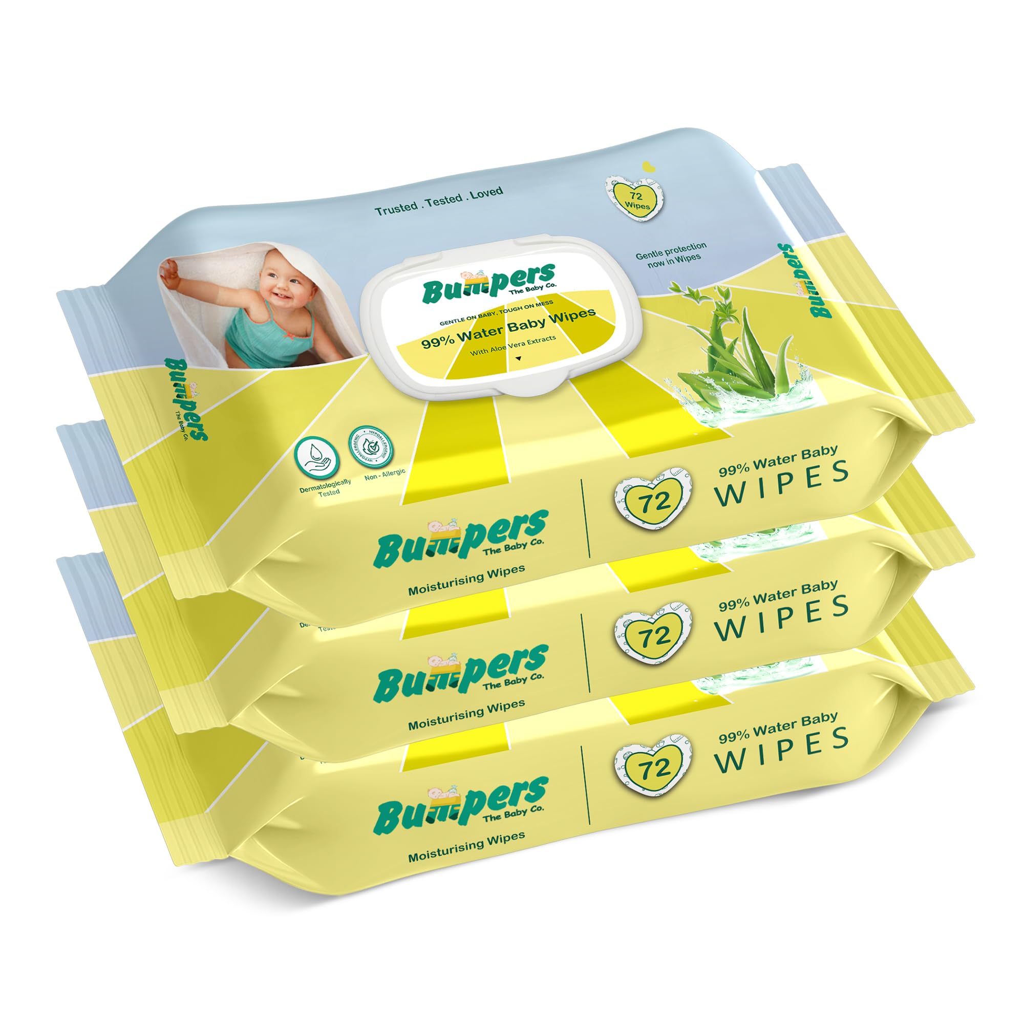 Bumpers Baby Wipes | 99% Water Based | Alcohol & Paraben Free | Extra Thick | Safe for Sensitive Skin | 72 Counts/Pack (