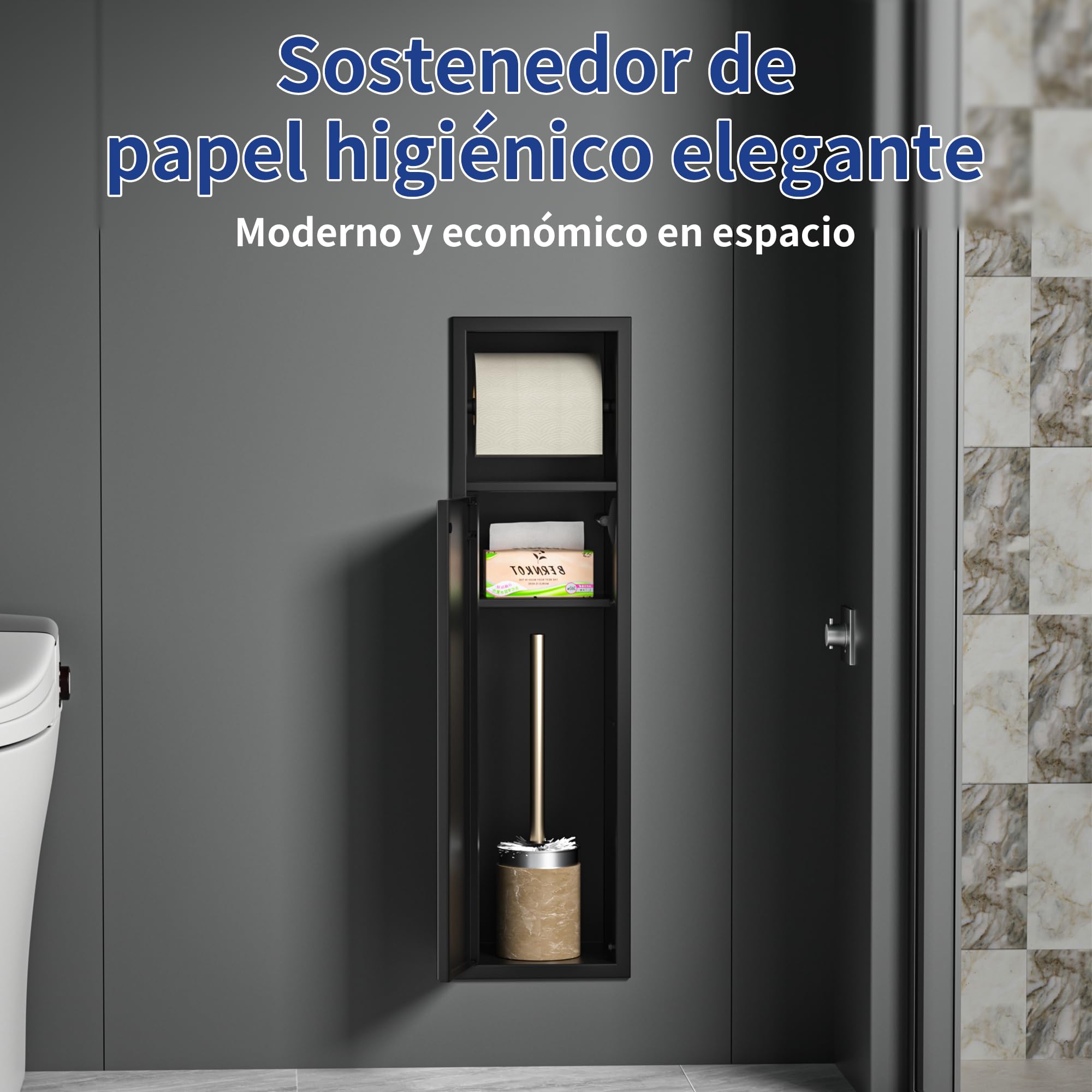 Portarrollos de papel higiénico empotrado, acero inoxidable, para el conjunto de escobillas, armario de baño con portarrollos de papel higiénico, con puertas de armario, 63 x 15 x 15 cm, negro