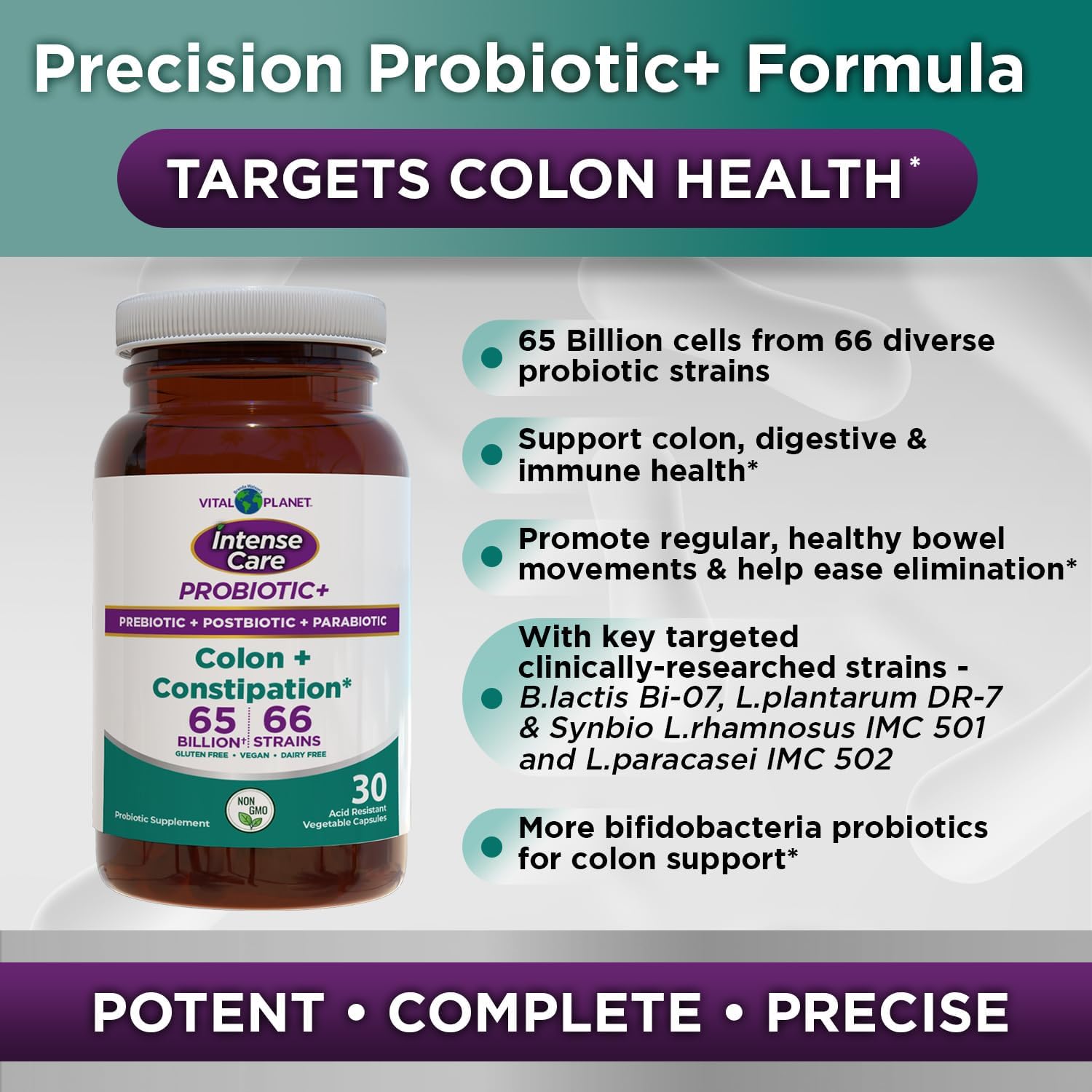 Vital Planet - Intense Care Colon & Constipation Probiotics, Prebiotics, Postbiotics, Parabiotics, 4-in-1 Refrigerated Supplement for Adults, 65 Billion CFU, 66 Strains, Digestive and Immune, 30 ct