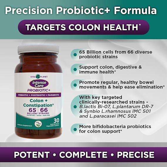 Vital Planet - Intense Care Colon & Constipation Probiotics, Prebiotics, Postbiotics, Parabiotics, 4-in-1 Refrigerated Supplement for Adults, 65 Billion CFU, 66 Strains, Digestive and Immune, 30 ct