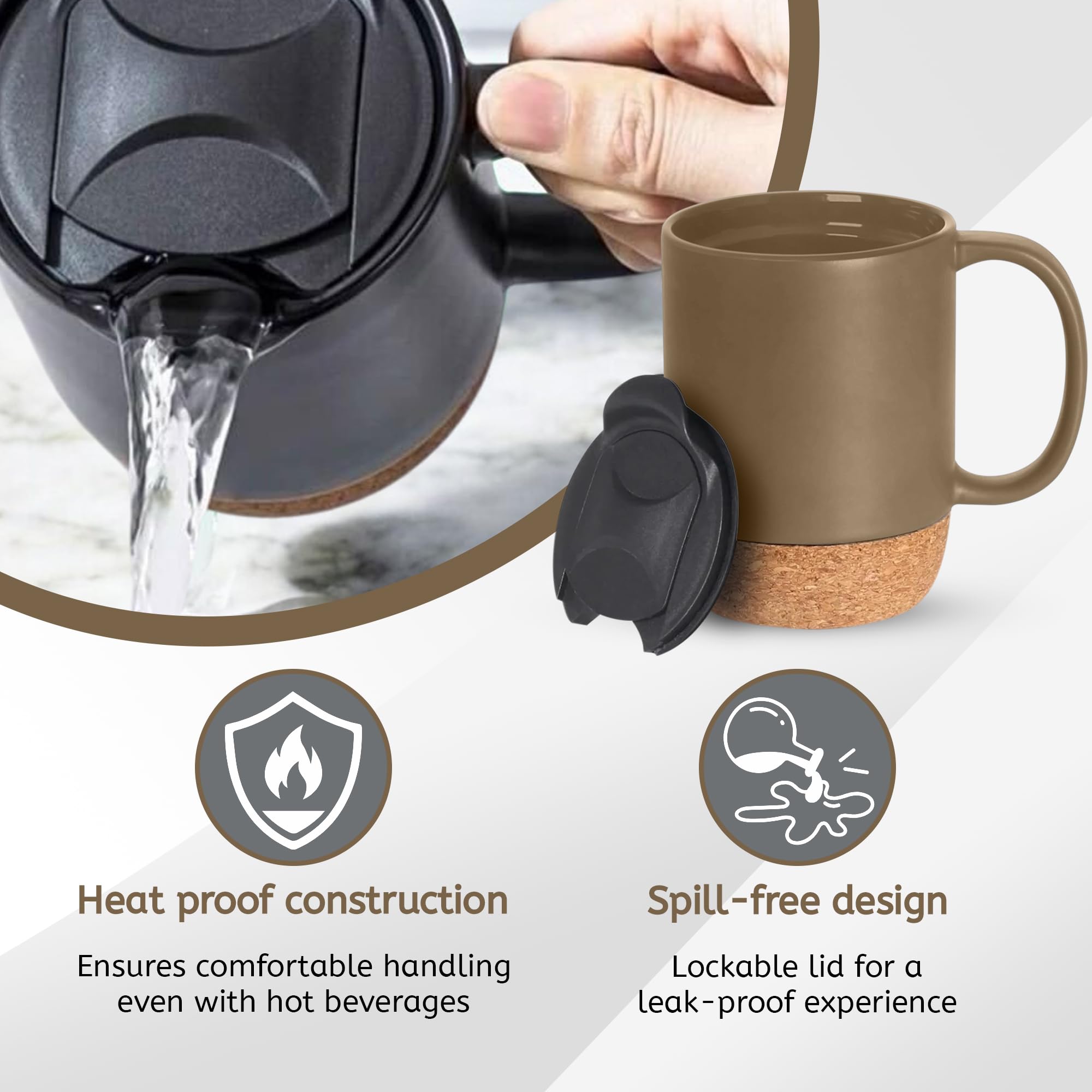 Reusable Ceramic Travel Mug with Handle and Lockable Lid & Heat Proof Cork Base, Spill & Leak Proof, Refrigerator Safe - Image 2