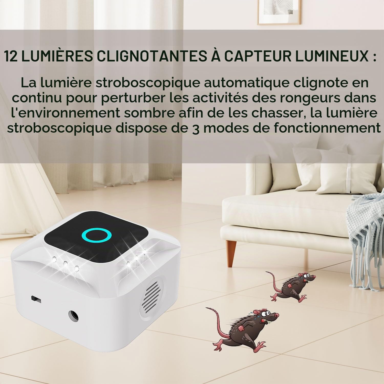 Ultrason Souris et Rats, Répulsif Souris 3 Modes, Anti Souris avec Lumière LED, Ultrason Rongeur pour Maison, Appartement, Cave, Restaurant, Grenier, Garage