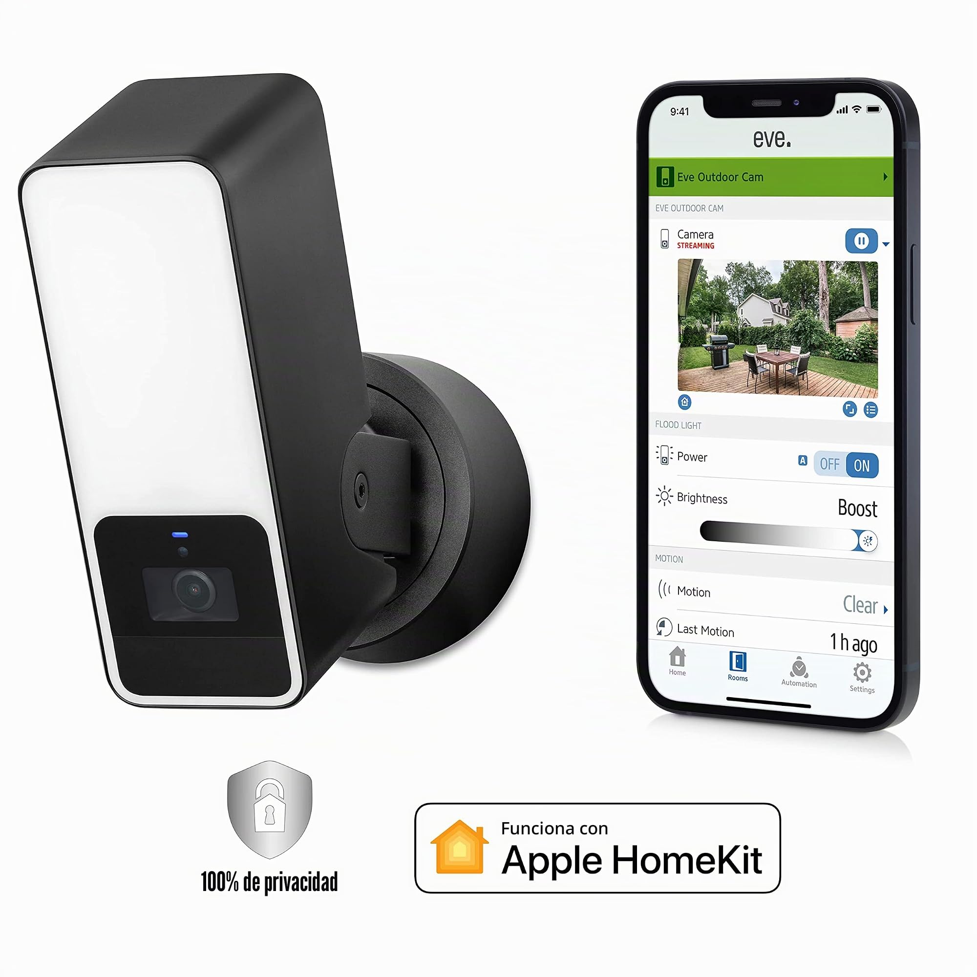 Eve Outdoor Cam – cámara segura con foco, máxima seguridad y privacidad (HomeKit Secure Video), 1080p, visión nocturna, Wi-Fi (2,4 GHz), sensor de movimiento, comunicación bidireccional