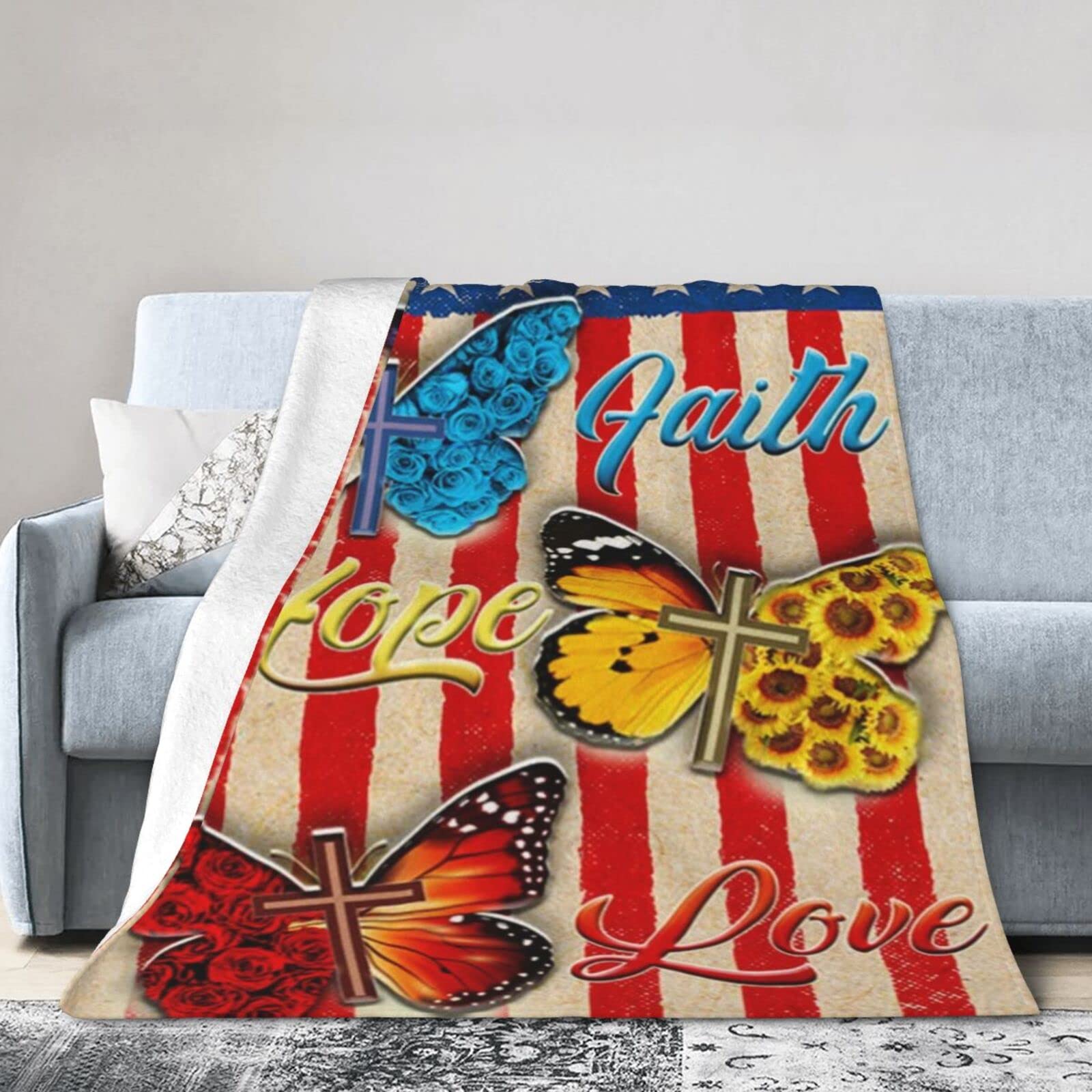 Lsjuee Christmas Flannel Fleece Blanket 50"X40" Patriotic Butterfly Faith Hope Love Sofa Throw Blanket Weighted Ultra-Soft Travel Winter Blankets for Mens Keep Warm