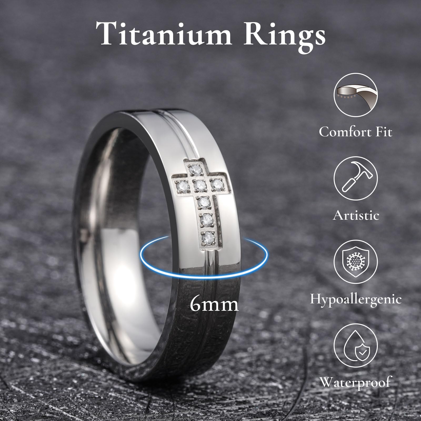 King Will Anillo de boda de titanio para hombre, 6 mm, con diseño de cruz y circonita blanca, anillo de compromiso o alianza, ajuste cómodo, elegante joyería para el día a día y fiestas 59,4 (18,9)