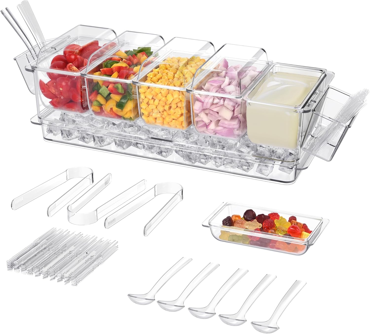 Ice Chilled Condiment Server with 5 Containers with Separate Lids, Condiment Caddy Tray with Removable Compartments, Clear Serving Platter for Fruit Taco Salad Mimosa Bar Party Garnish Ice Chilled Condiment Server with 5 Containers with Separate Lids, Condiment Caddy Tray with Removable Compartments, Clear Serving Platter for Fruit Taco Salad Mimosa Bar Party Garnish