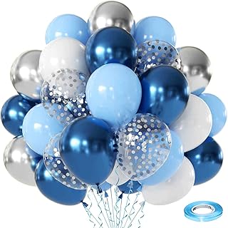 Blue White Silver Balloons Set,50 Pcs 12 Inch Light Metallic Blue Sliver Balloon Navy Dark Royal Blue with Confettic Balloons for Birthday Graduation Wedding Party Decoration