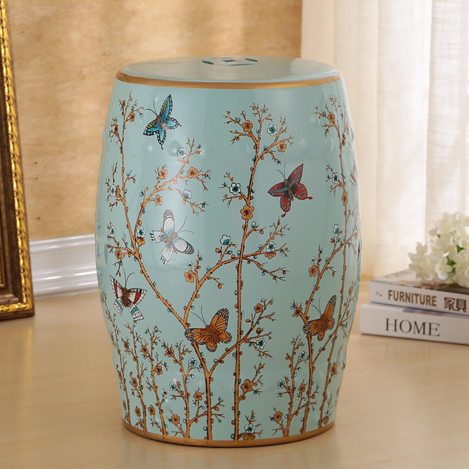 WAINGHS Decorative Ceramic Garden Stool - Outdoor Drum Ceramic Side Table, Flower Bird and Butterfly Style Indoor Plant Holder for Living Room, Patio,
