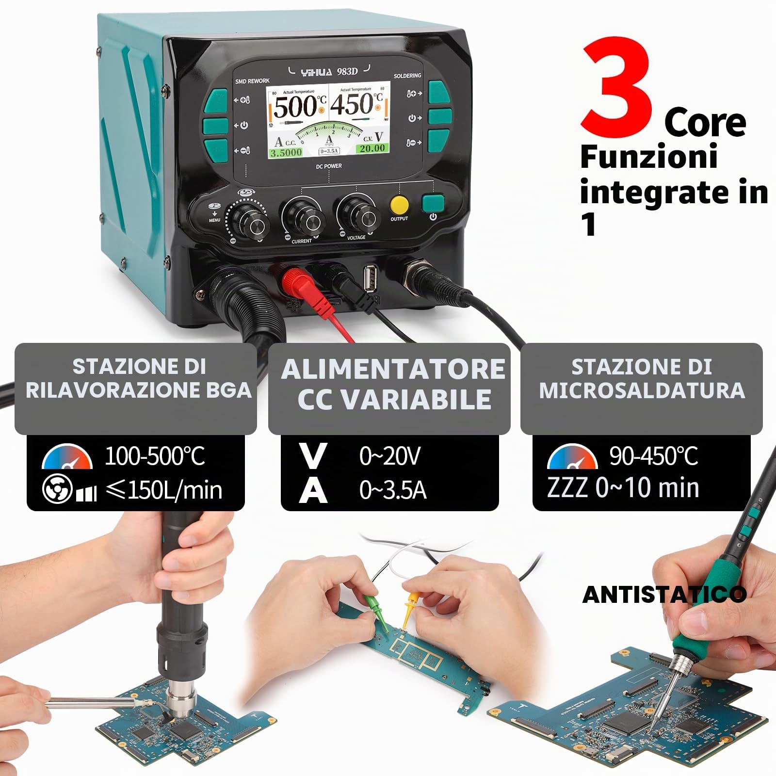 YIHUA 983D 3-IN-1 Micro stazione di saldatura, stazione di rilavorazione ad aria calda BGA, alimentatore da banco DC variabile (spina UE)