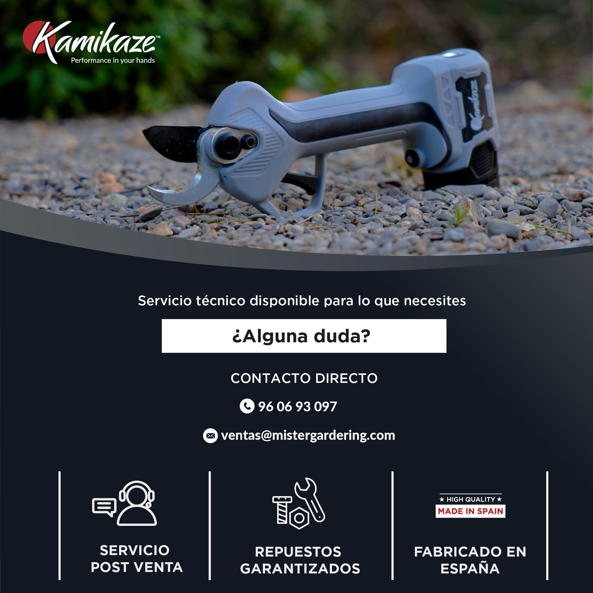 KAMIKAZE KV295 Tijera de Poda Eléctrica Profesional para Viña y Árboles Frutales, Corte 25 mm, 14,4V, 2,5Ah, Autonomía 6 Horas