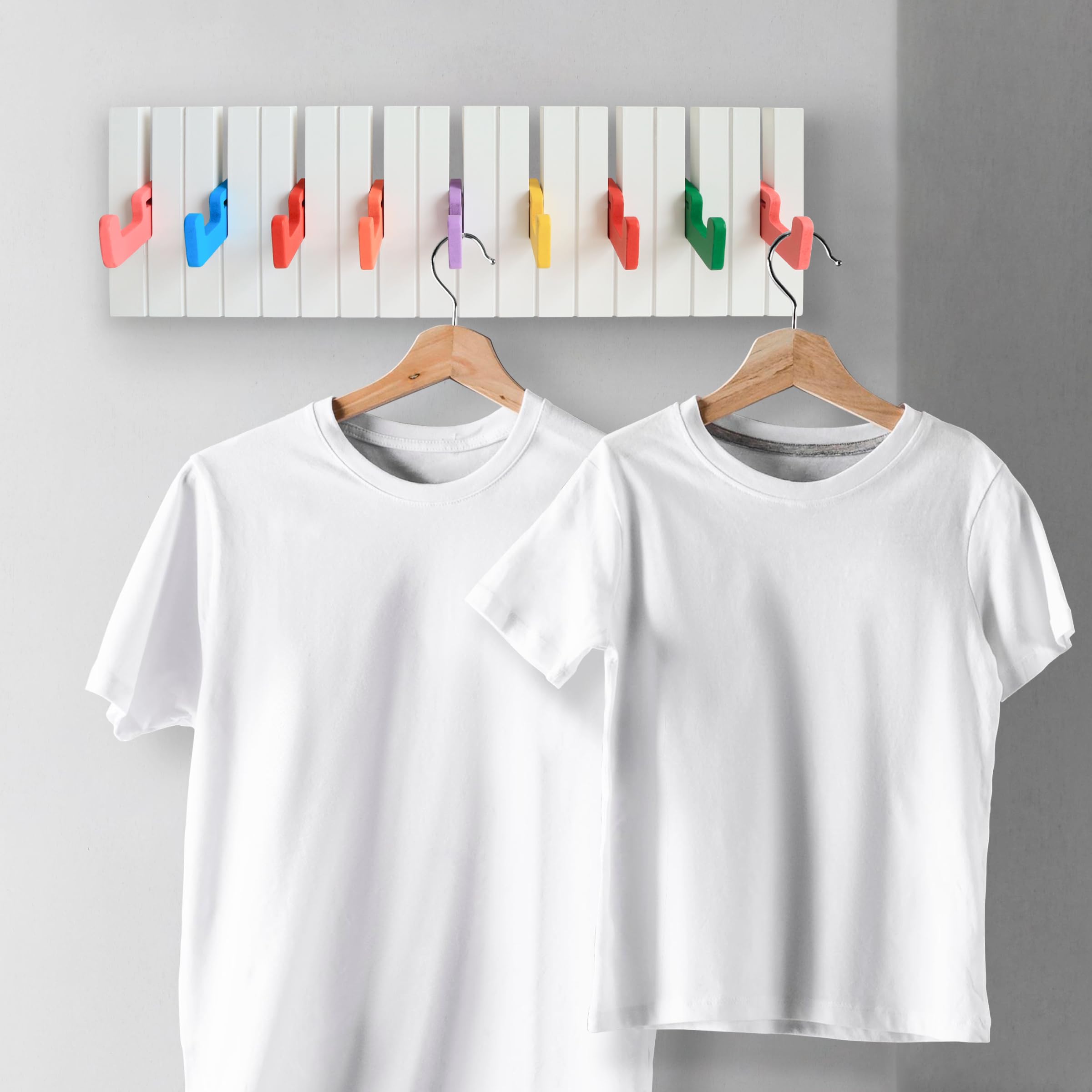 RICOO Garderobenleiste Wandgarderobe Kindergarderobe Piano Design ausklappbar WM1885-L Garderobe Wand Hakenleiste Kleiderhaken klappbar 9 Haken Holz Klavier bunt Garderobenhaken