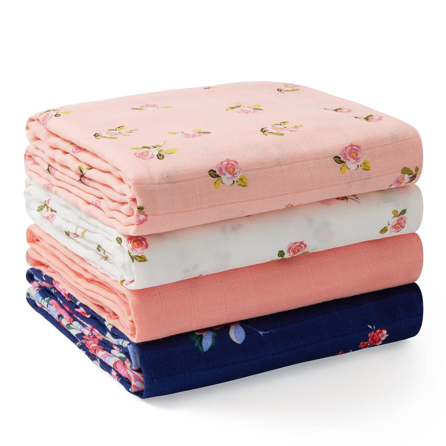 Momcozy Baby Pucktuch, Mulltuch 120 x 120cm 4er Set, Mullwindeln aus Baumwolle und Bambus, Bio-Baumwolle Pucktuch Wickeltuch Baby Swaddle Decke, Flower