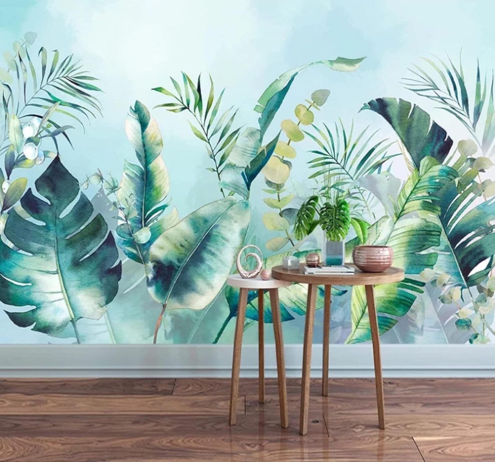 Minimalist Hand Drawn Fresh Rustic Green Leaves 3D Wallpaper Easy Install Feature Office Living Room Sofa Bedroom TV Background Wall Decoration-300cm×210cm