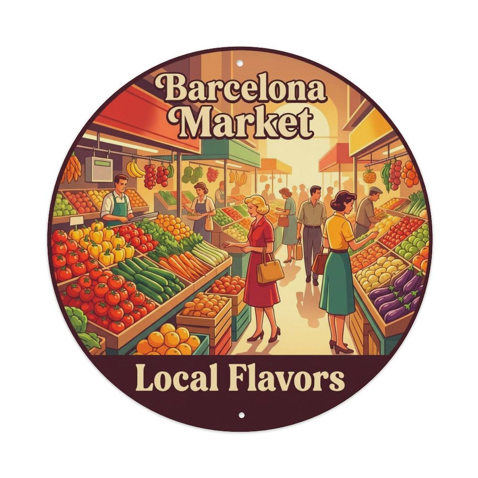 Classic Barcelona Cityscape Market Culture Travel Heritage Metal Tin Sign Plaque Wall Decor for Cafe, Man Cave, Club Bar, Office, Home Garden Round Metal Poster 8x8Inch