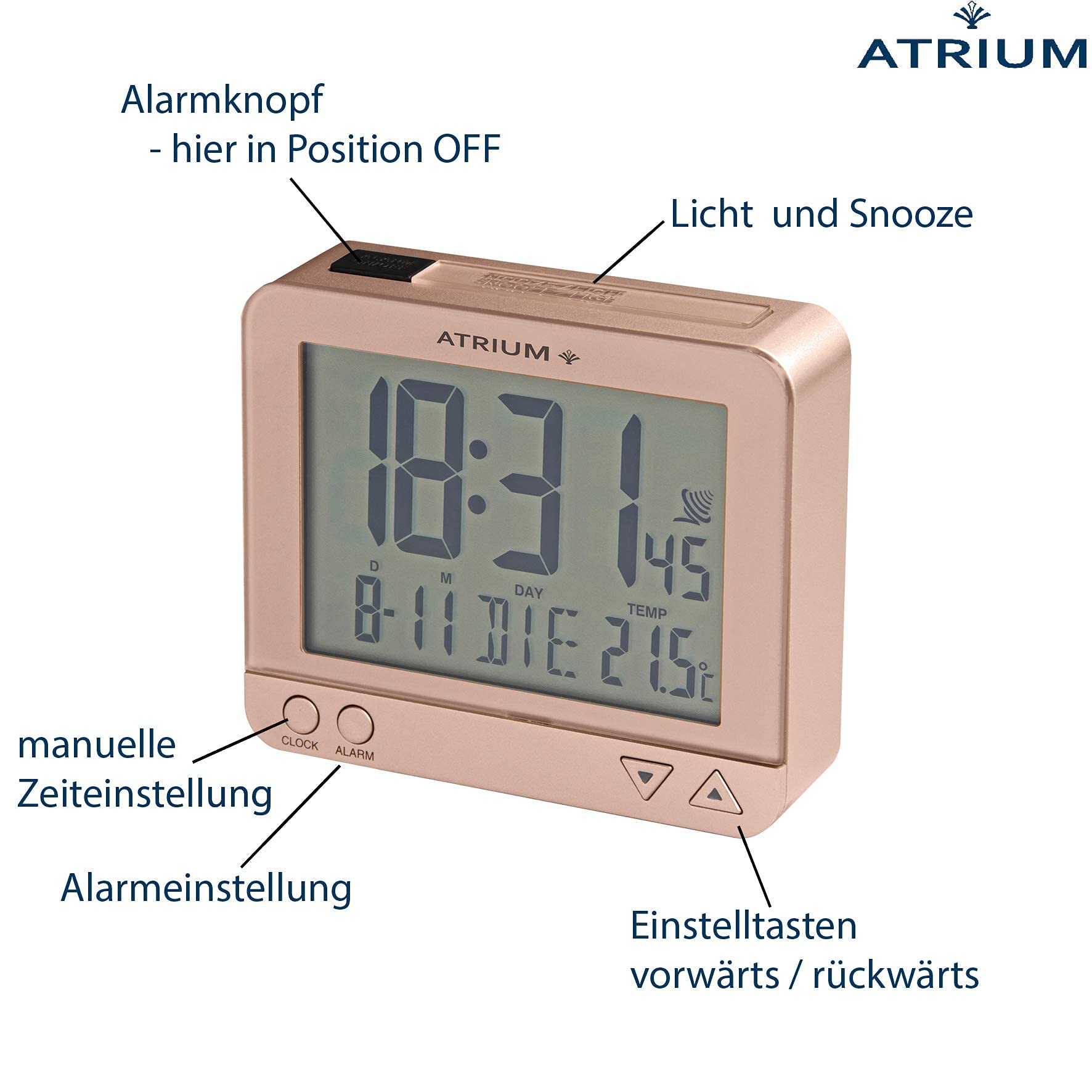 Atrium Funkwecker A760-17 – Digital Mit Nachtlicht, Temperatur & Datum, Sensorgesteuert, Rosegold