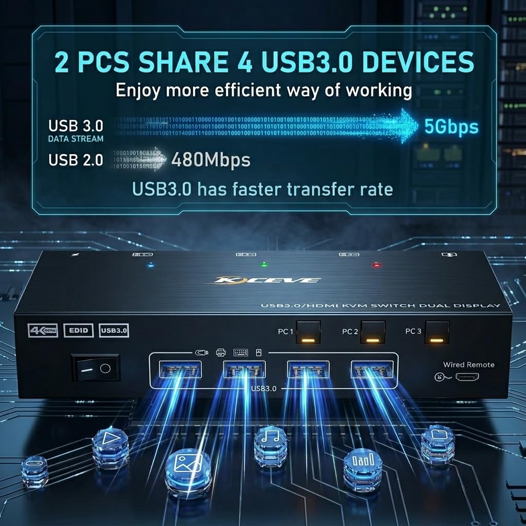 4K@60Hz HDMI KVM Switch for 2 Monitor 3 Computers, Reyoten Dual Monitor KVM | EDID Emulation, HDMI2.1,2K@144Hz, KVM Switches Share 2 Monitors Keyboard Mouse Printer webcam, Power Adapter+Controller