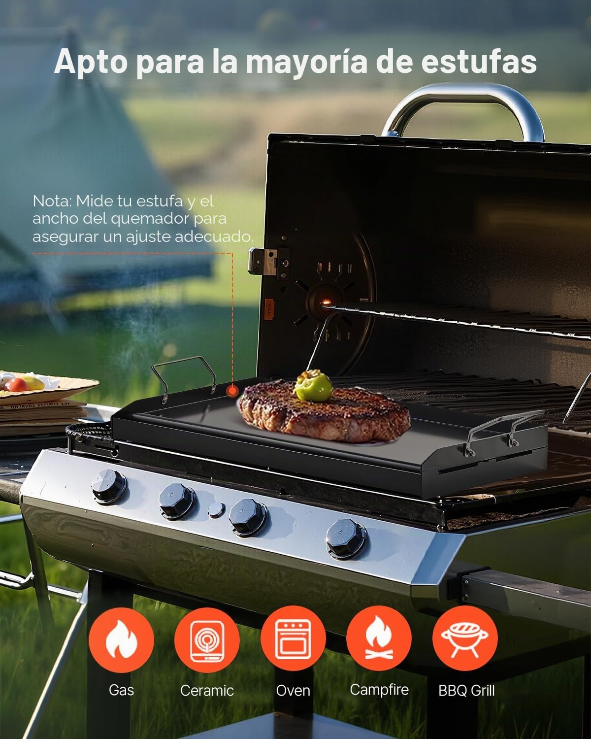 VEVOR Parrilla de Acero al Carbono Universal Rectangular 605 x 360 mm con Superficie Plana Espaciosa, Plancha de Gas para Barbacoa, Teppanyaki, Utensilios de Cocina Familiares Portátiles con Asa