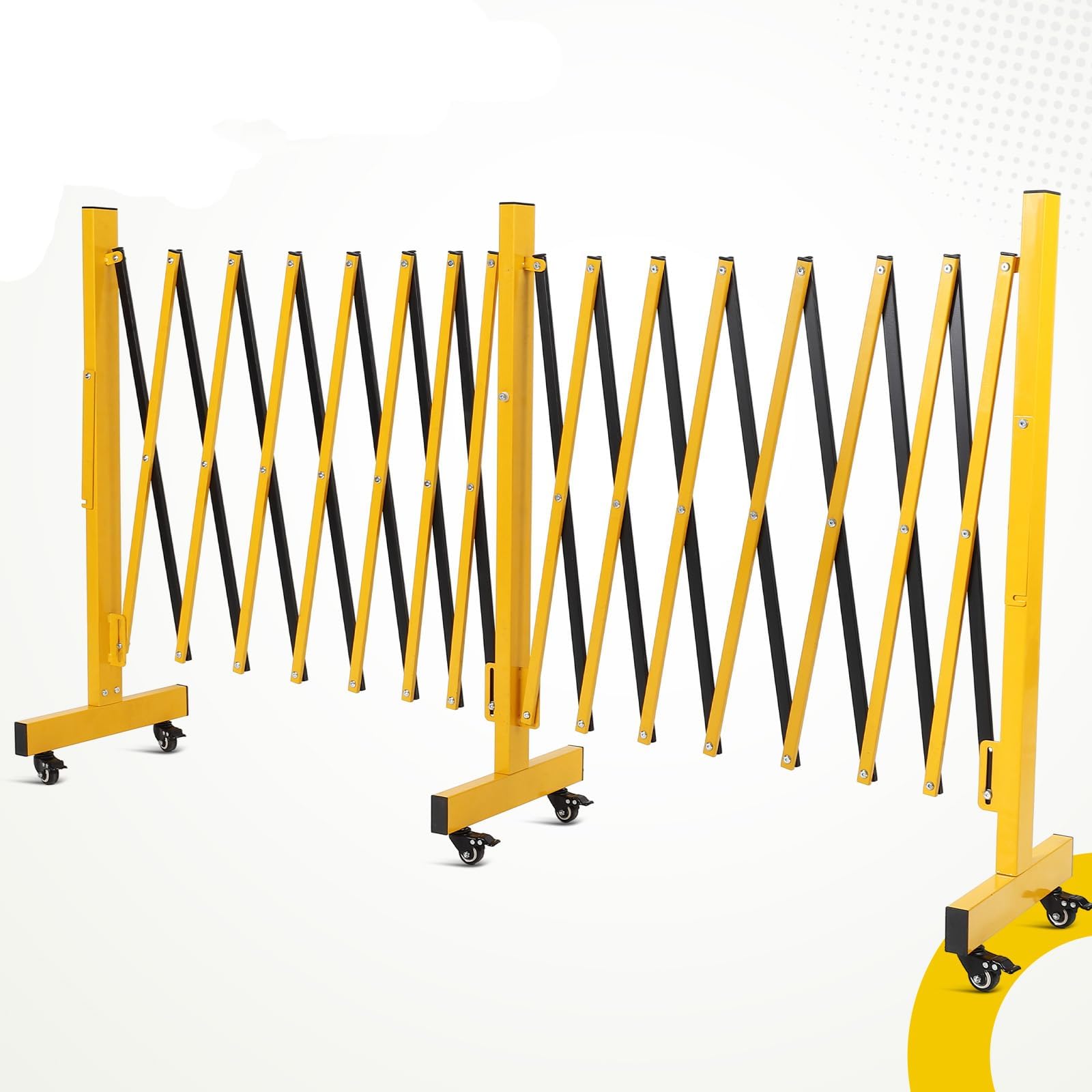 Barrera Extensible de Seguridad 16FT con 6 Ruedas, Valla Plegable de Acero de Alta Resistencia Amarillo y Negro, Barricada Móvil Retráctil para Garaje Industria Tráfico Obras