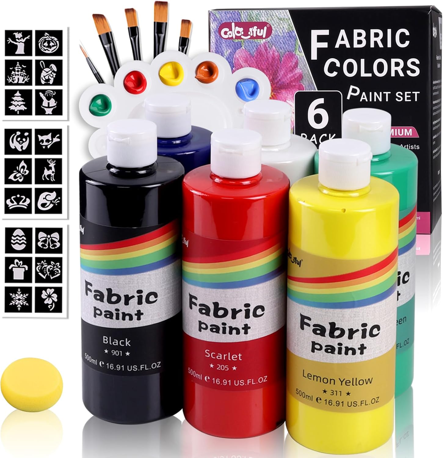 Colorful 6 Colors Permanent Fabric Paint for Furniture, 16.65 oz (500 ml) Fabric Paint for Clothes, Soft Rich Pigment Non-Toxic Textile Paint for Fabric DIY Crafts T-shirts Shoes Jeans for Adult