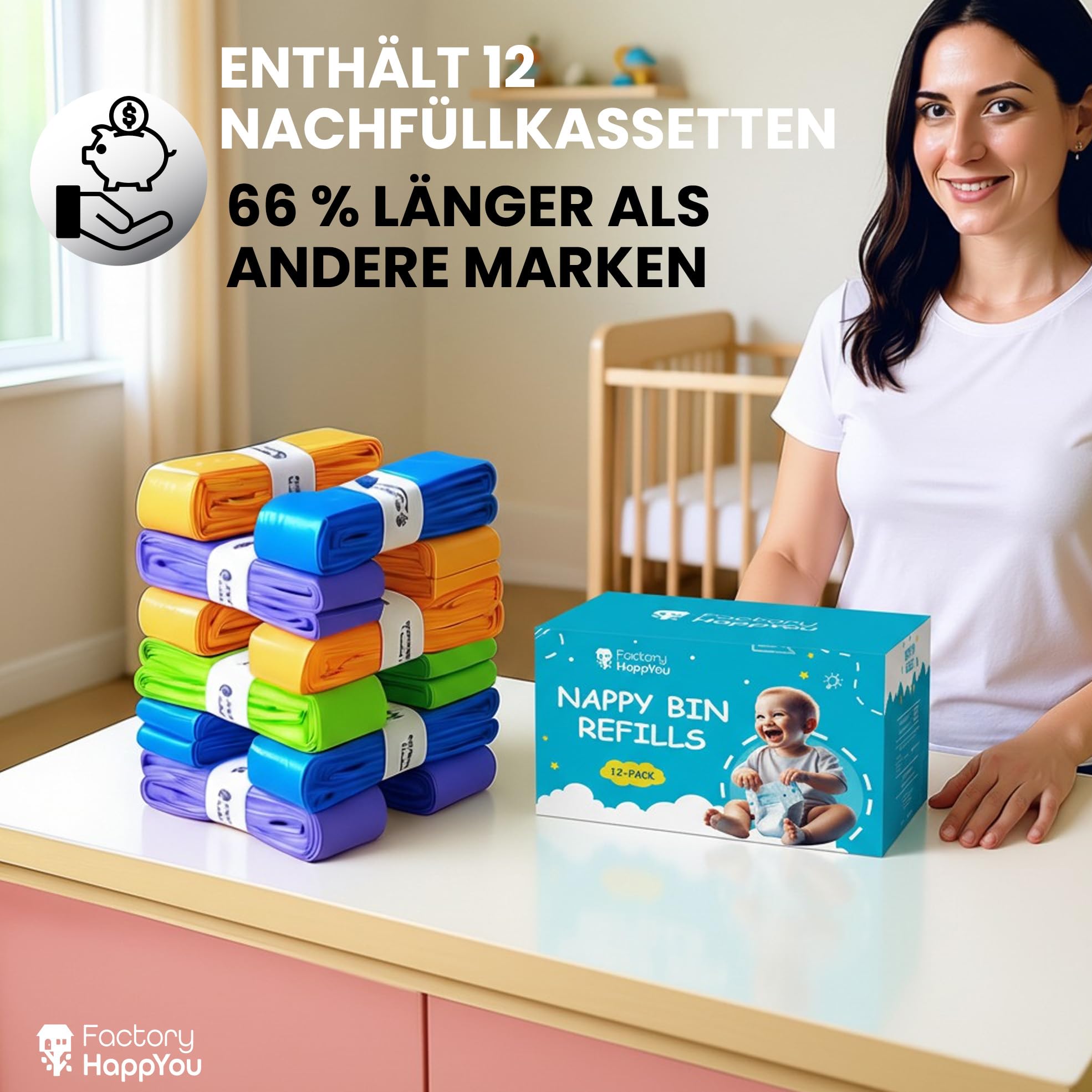 Factory HappyYou® XXL Nachfüllfolie für Windeleimer 12er Pack kompatibel mit Tommee Tippee Twist & Click Sangenic sowie der Mehrheit gängiger Windeleimersysteme 100 Prozent recycelt BPA frei