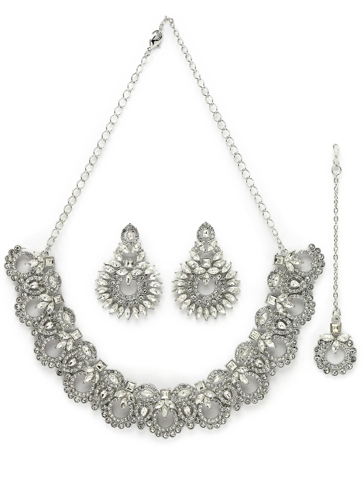 Sukkhi Classic Style Rhodium Plated Silver AD White Stones Collar Bone Necklace Set With Earring And Maangtika | Jewellery Set For Women (NS105645) (B0CBPCNNJV) Amazon Price History, Amazon Price Tracker