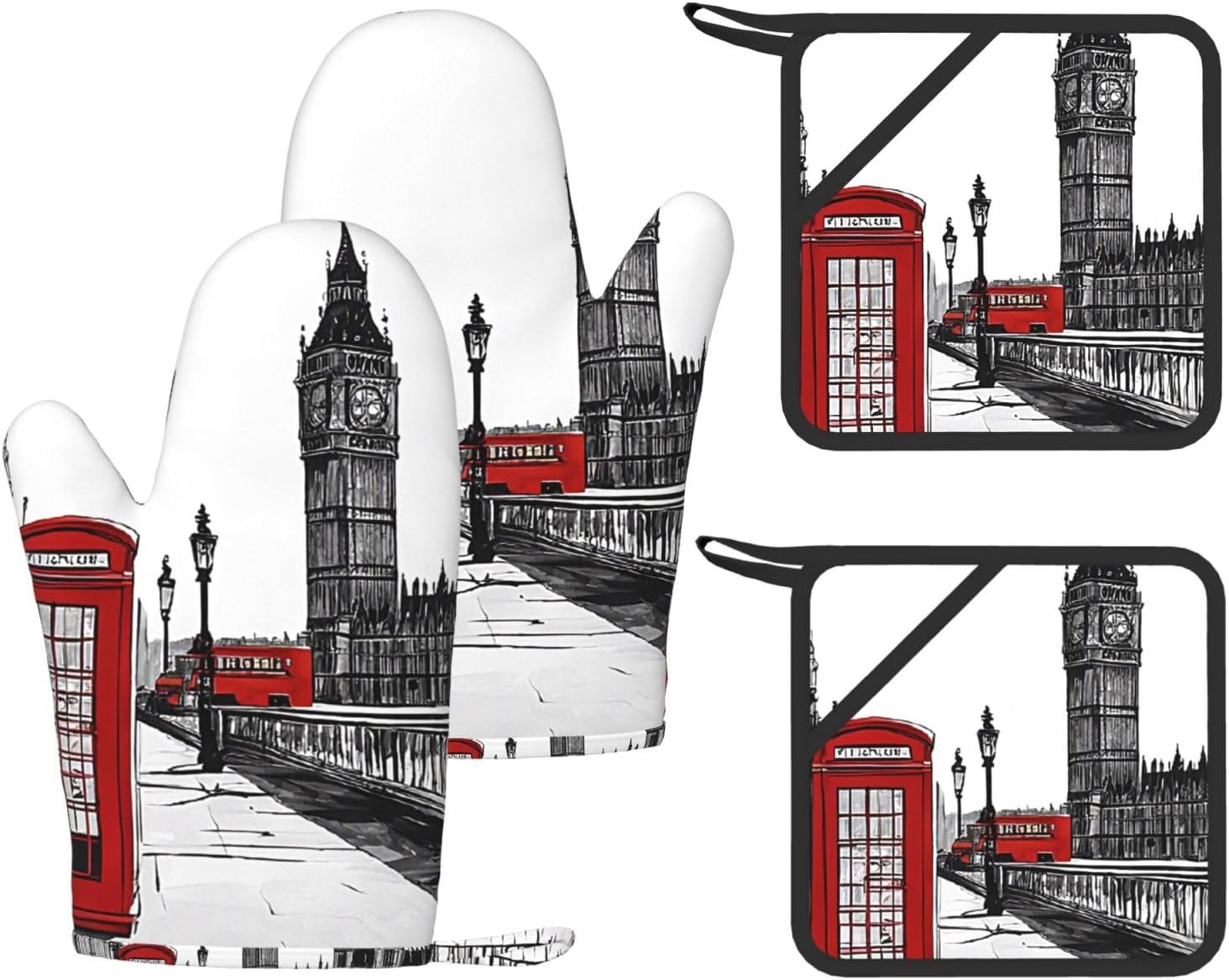 Red Phone Booth London Street 4pcs Oven Mitts and Pot Holders Sets for Kitchen, Silicone Oven Gloves Non-Slip Potholders Hot Pads for Baking Cooking