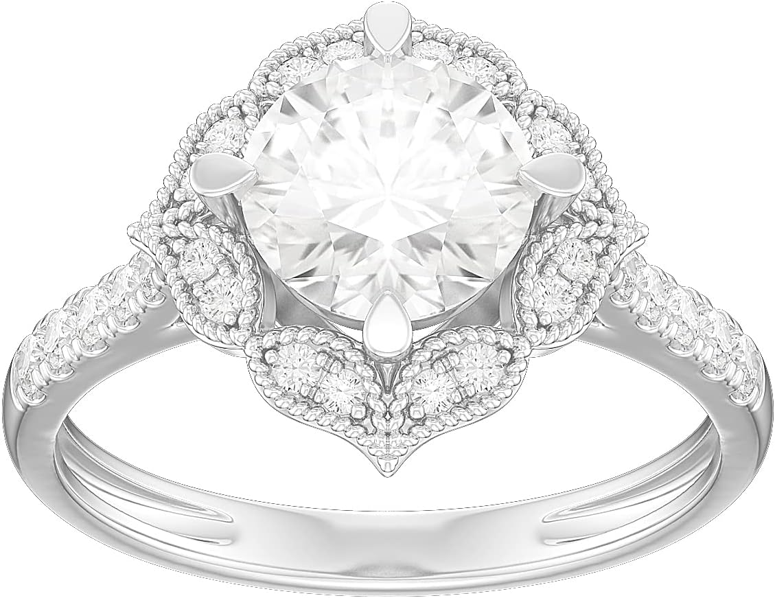 14k White Gold Vintage Milgrain Romantic Petals Halo 1.0 CT Simulated Diamond or Genuine Moissanite Engagement Ring