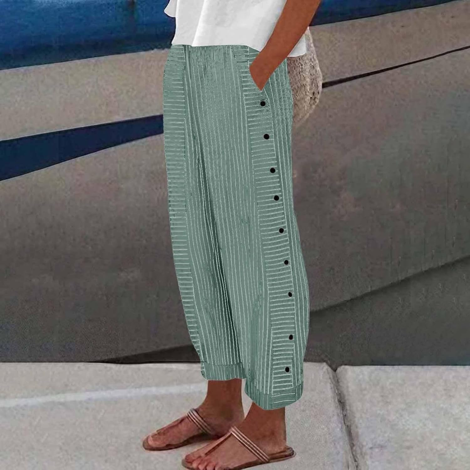 Cropped Linen Pants for Women Casual Straight Leg Elastic Waist Pants Stripe Print Beach Summer Pants with Pockets - Image 2
