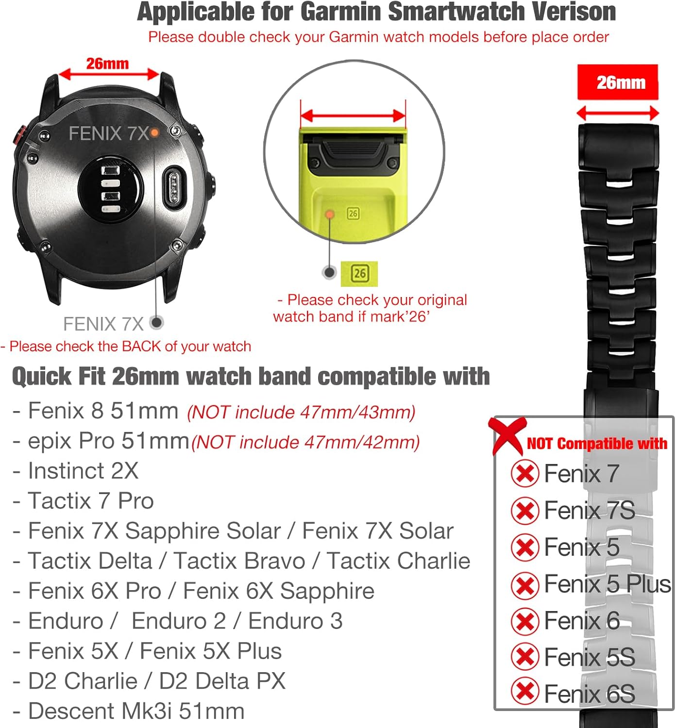 Abanen Titanium Watch Bands for Fenix 8 51mm / epix Pro 51mm/ Fenix 6X / Fenix 5X / Fenix 7X / Enduro, Quick Fit Wristband Strap with Stainless Steel Buckle for Garmin Tactix Delta,Black - Image 3