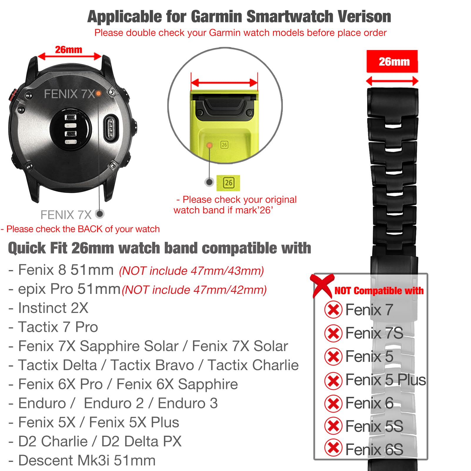 Abanen Titan-Uhrenarmbänder für Fenix 8 51 mm/Epix Pro 51 mm/Fenix 6X/Fenix 5X/Fenix 7X/Enduro, Schnellverschluss-Armband mit Edelstahlschnalle für Garmin Tactix Delta, Schwarz