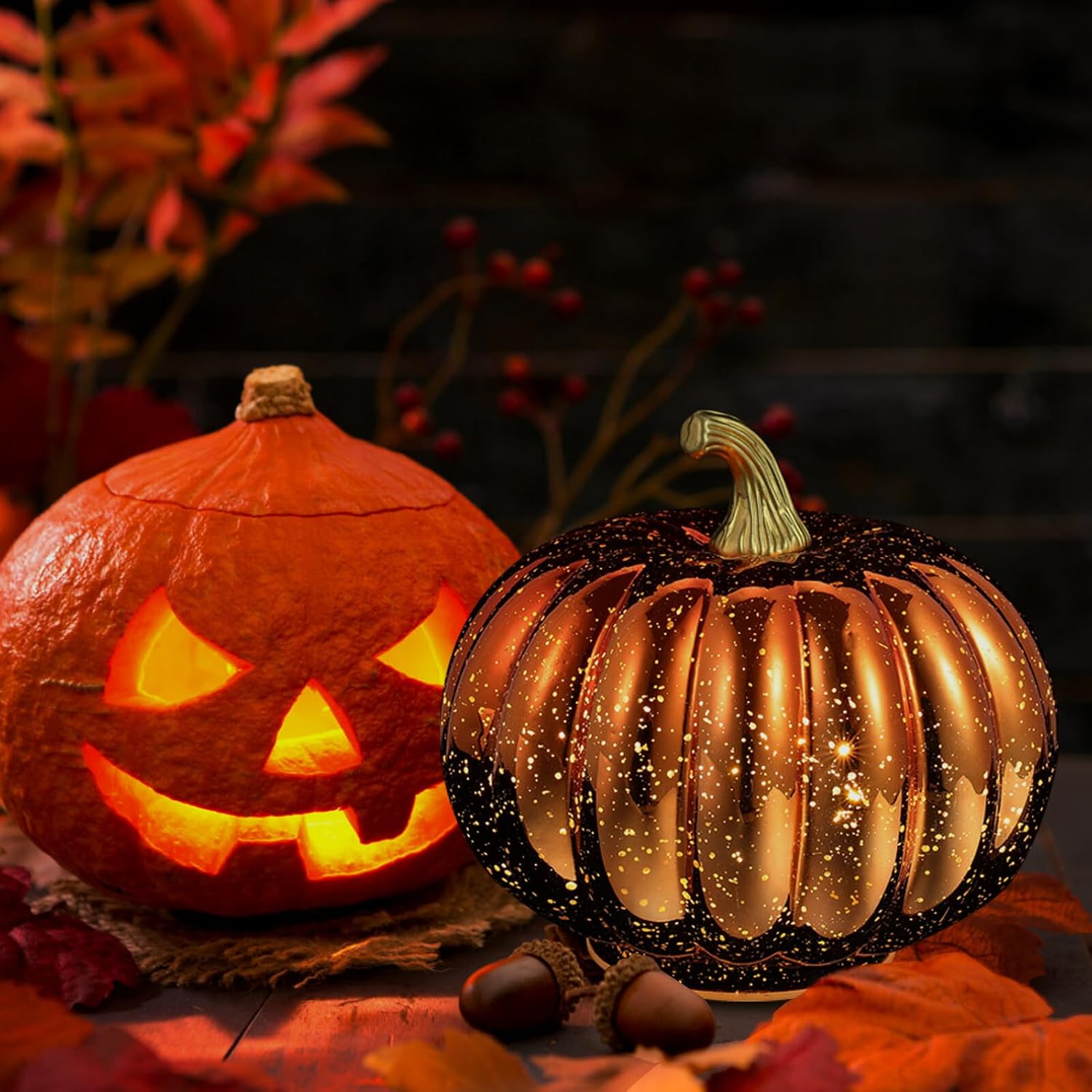 Sewroro Halloween Decorative LED Pumpkin Light Night Lamp Table Ornament Halloween Festival Pumpkin Figurine Lamp Without Battery for Indoor Party Decor