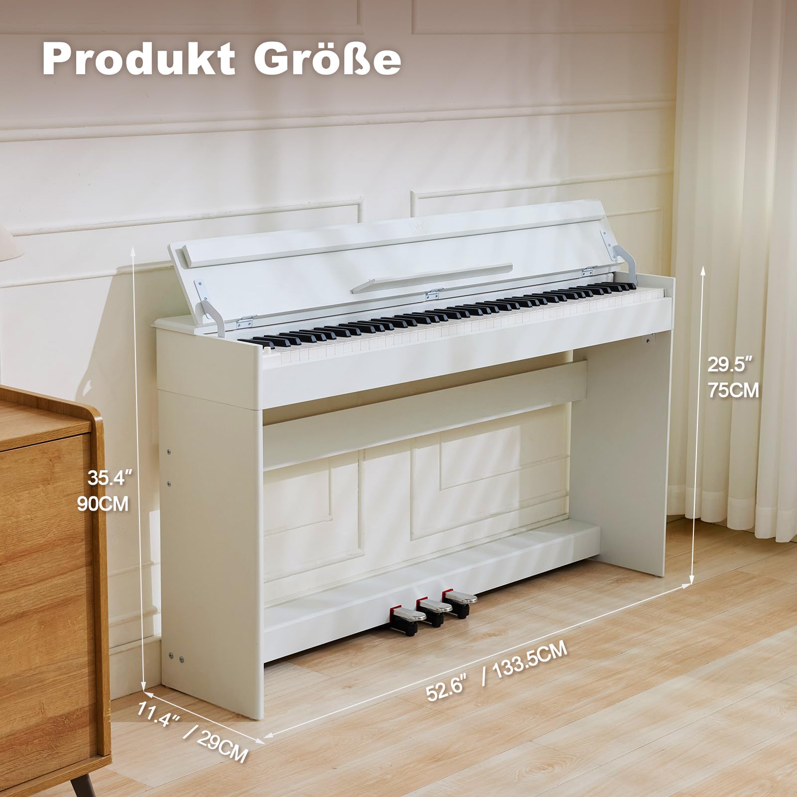 Piano digital MUSTAR de 88 teclas, teclado con tacto semi-ponderado con USB/MIDI y Bluetooth, cubierta semi-abierta, piano electrónico con unidad de 3 pedales, altavoces estéreo, 800 tonos y 64