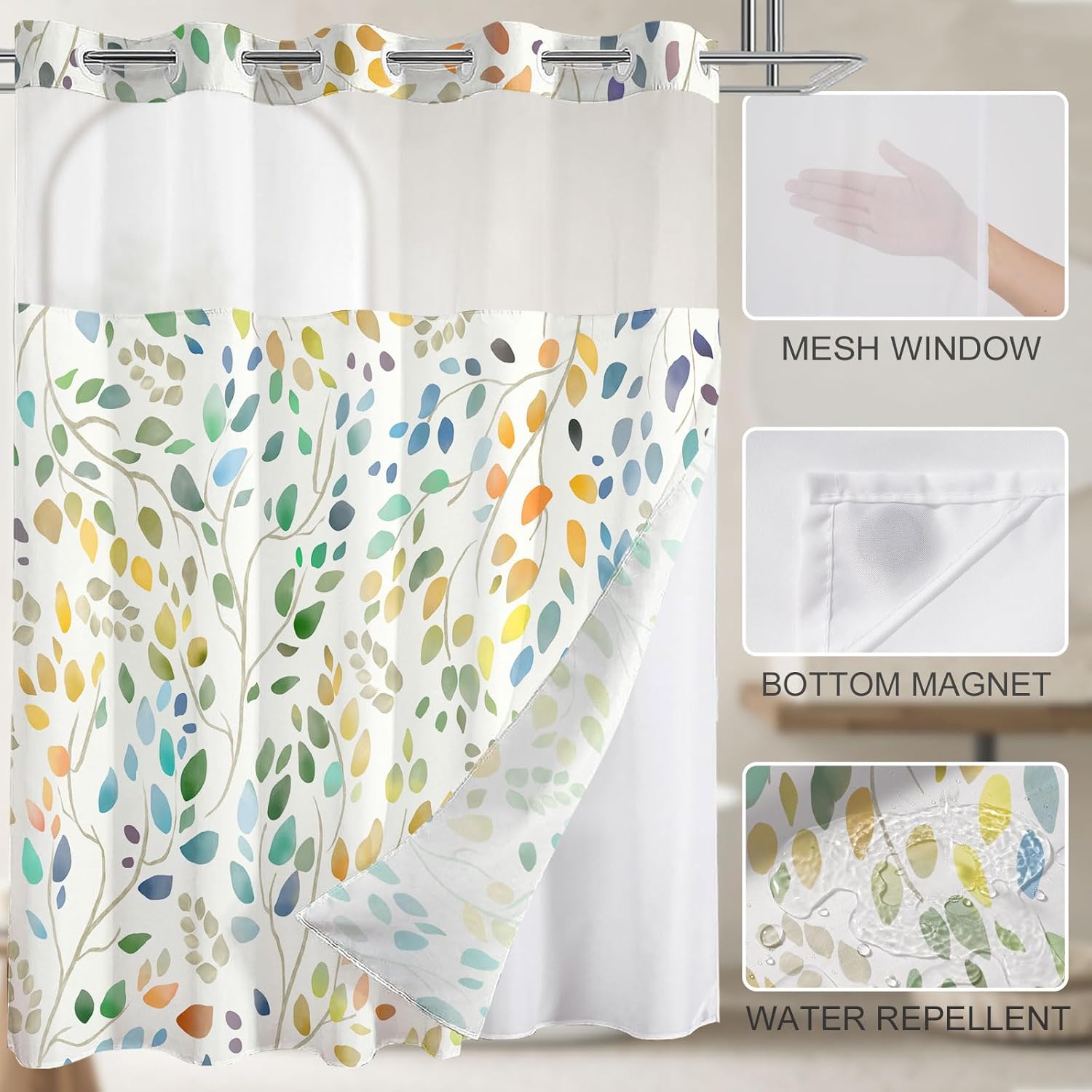 No Hook Shower Curtain with Snap in Liner Set, Boho Colorful Leaves Design, Waterproof Washable Fabric Floral Shower Curtains for Bathroom Decor with See Through Mesh Top Window 71x74 Inch