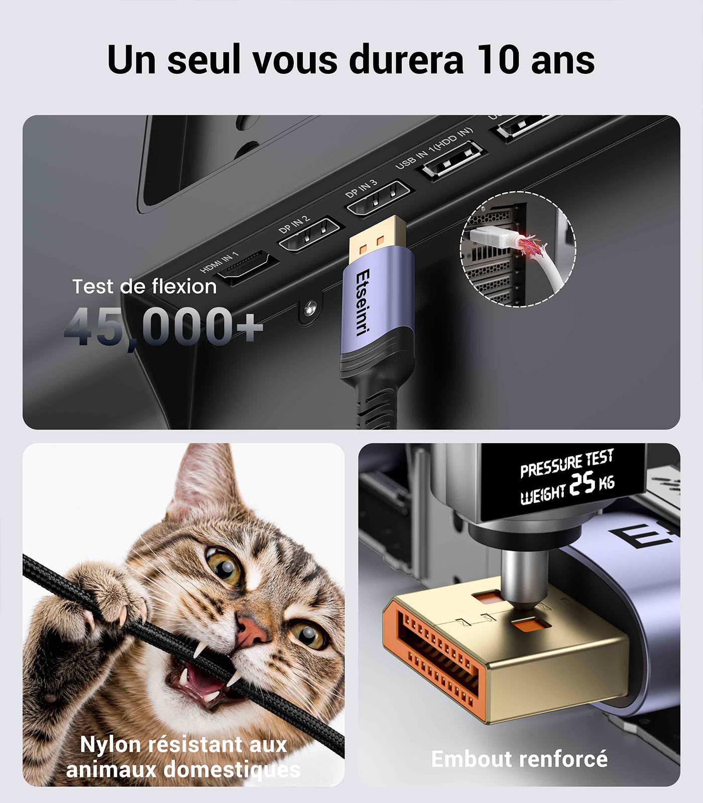 Câble DisplayPort 2.1 80Gbps 4M VESA Certifié 16K@30Hz 8K@240Hz 4K@540Hz HDR HDCP2.3 FreeSync G-Sync DP pour Moniteur Gaming