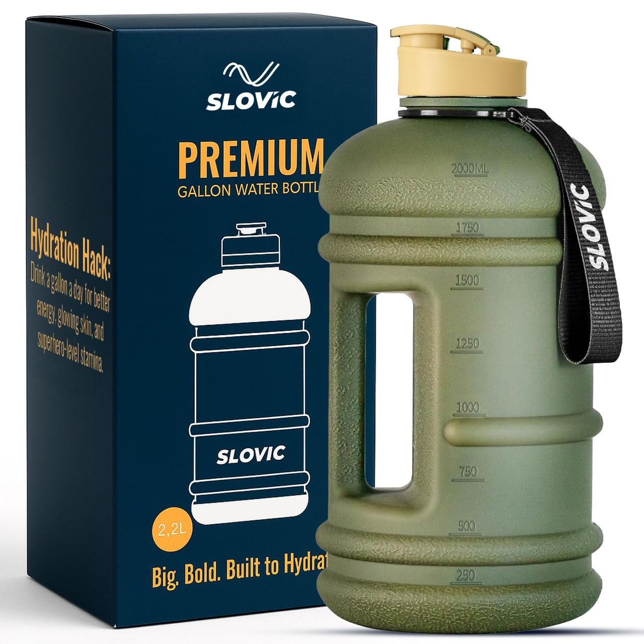 SLOVIC Gallon Water Bottle 2 + Litre | Gym Motivational Sipper Water Bottle for Adults | 100% BPA Free & Leakproof | Ergonomic Handle & Carrying Loop | 2 Litre Sipper for Men & Women | Green | 2200 ML-image-2