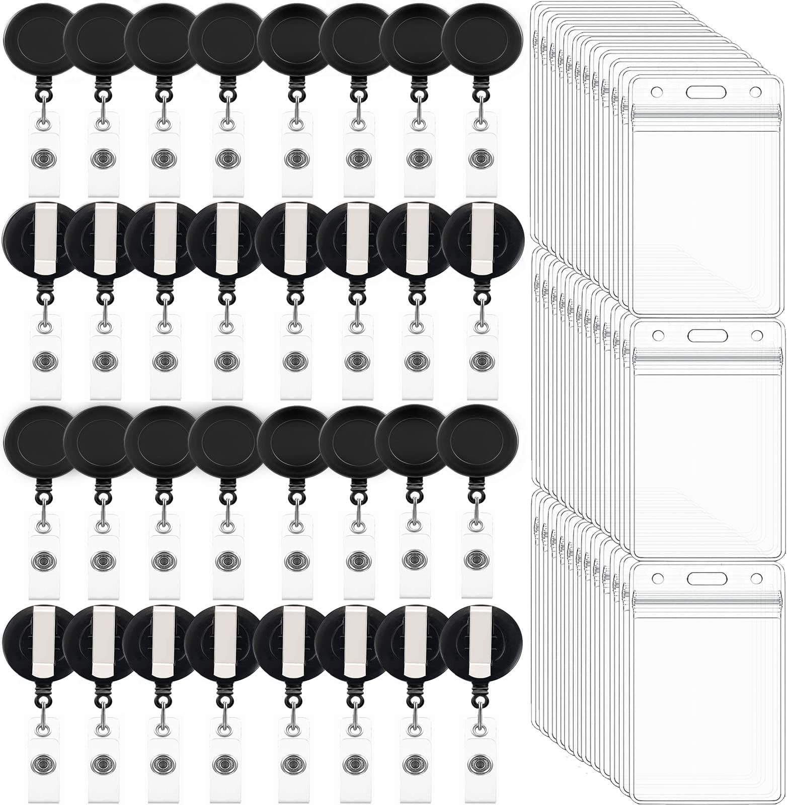 100 Pack Retractable Badge Reel Clips with 100 Pack Vertical ID Card Holders Retractable Badge Holders with Clip ID Badge Clips with Name Card Holder for Nurses Office School,Black