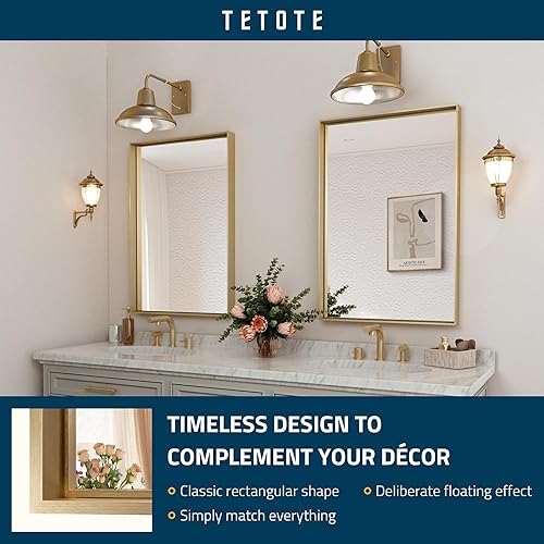 Miniatura 6 de TETOTE Espejo de baño dorado cepillado de 24 x 36 pulgadas, espejo rectangular de metal dorado con marco de tocador de baño, moderno espejo de pared