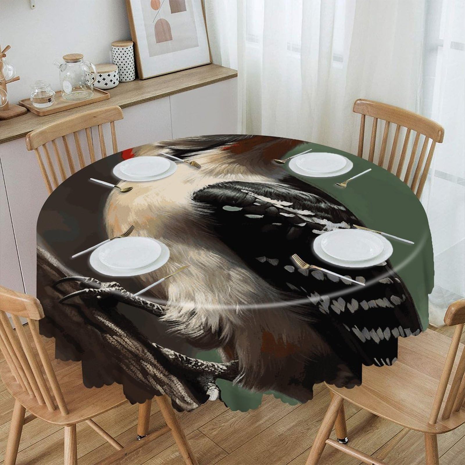 VstaDank Woodpecker Round Tablecloth 60 Inch Easy to Clean Circle Table Cover Thick Decorative Round Polyester Table Cloth for Dining Kitchen Party Farmhouse Outdoor