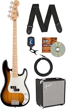 Fender Squier Sonic Precision Bass Guitar - 2 Color Sunburst Bundle with Rumble 15 Bass Amplifier, Cable, Tuner, Strap, and Austin Bazaar Instructional DVD