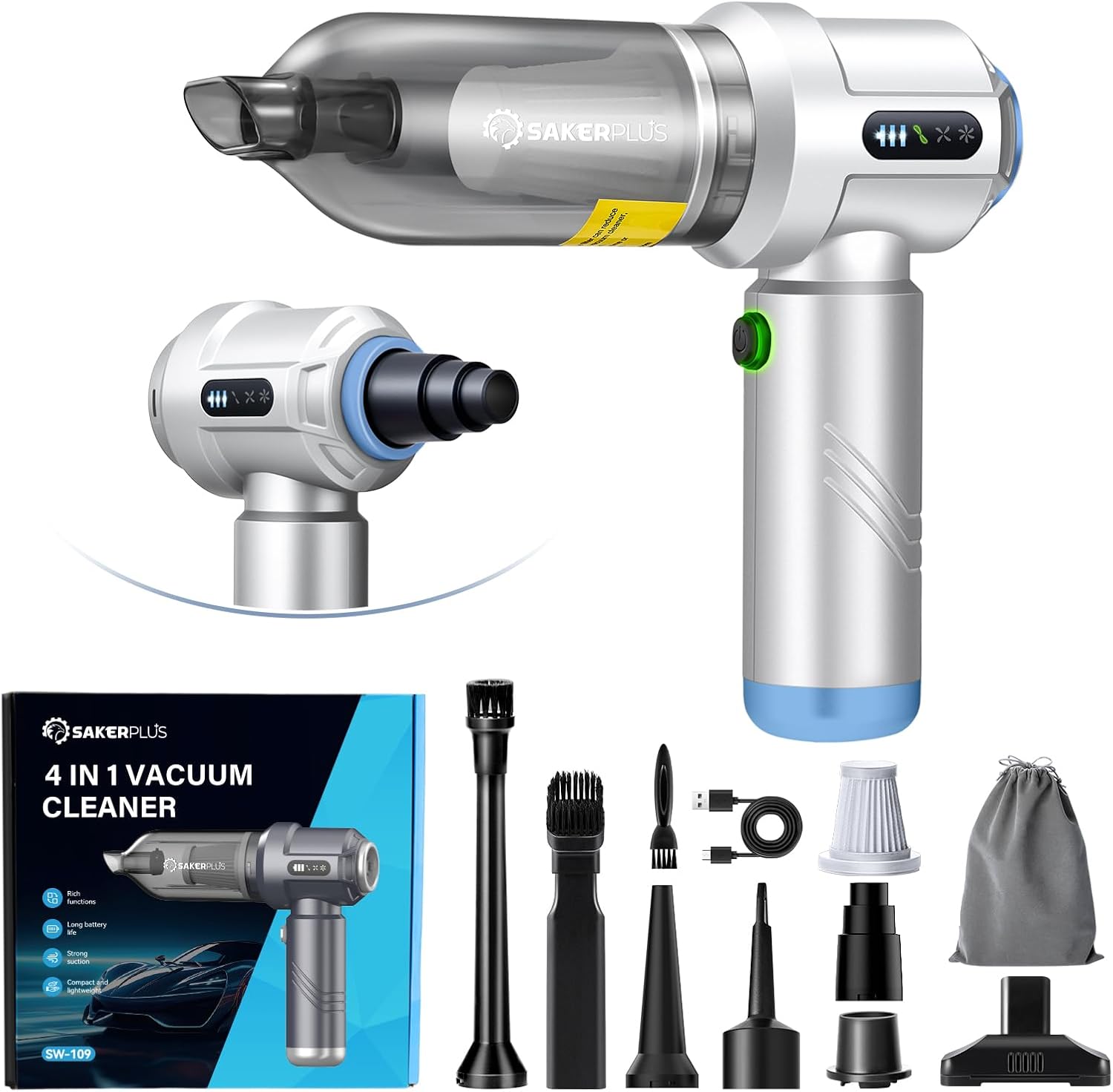 Cordless Car Vacuum, 4 in 1 Mini Vacuum Cleaner High Power 17500PA Suction Handheld Vacuum, Portable Air Dusters,Battery 3 Level Adjustment Small Car Cleaner for Cars Home Office (Silver)