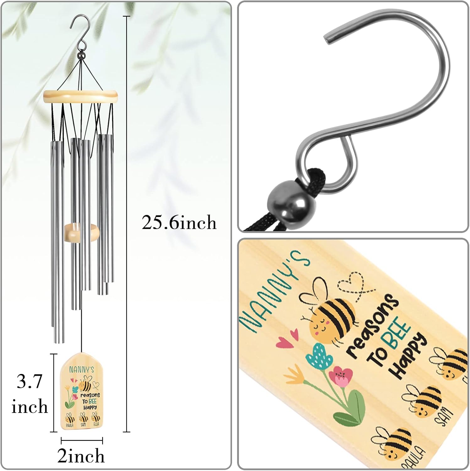 Jocidea Personalized Nanny Gifts Wind Chimes, Gifts for Nanny, Grandma Gift, Perfect for Mother's Day, Birthdays, Thanksgiving, Valentines Day or Christmas