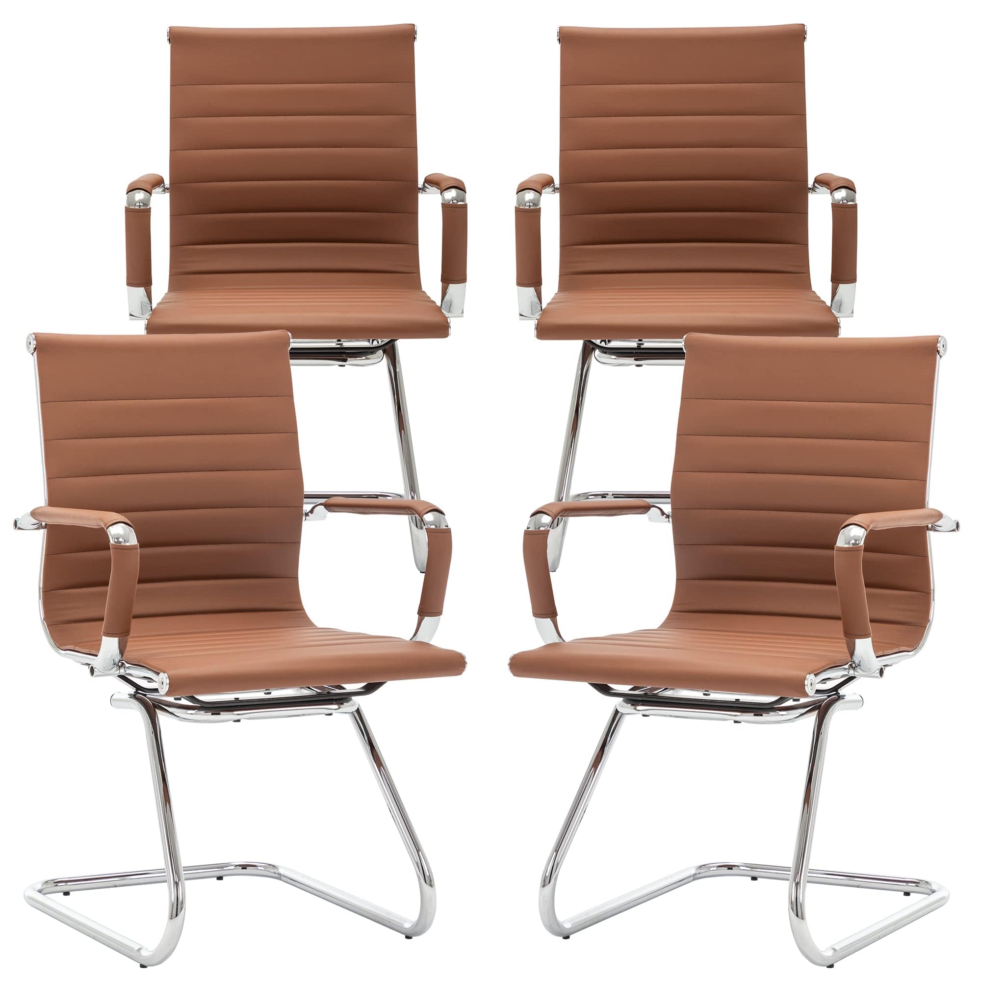 Conference Room Chairs Set of 4, Waiting Room Chairs with Arms, Faux Leather Reception Chairs No Wheels, Office Guest Chairs with Mid Back Support and Chrome Sled Base, Cafe